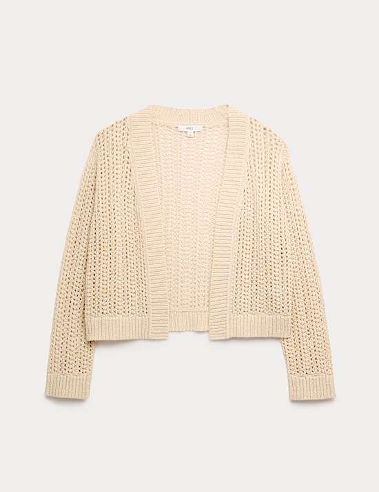 Cotton Blend Open Stitch Relaxed Cropped Cardigan