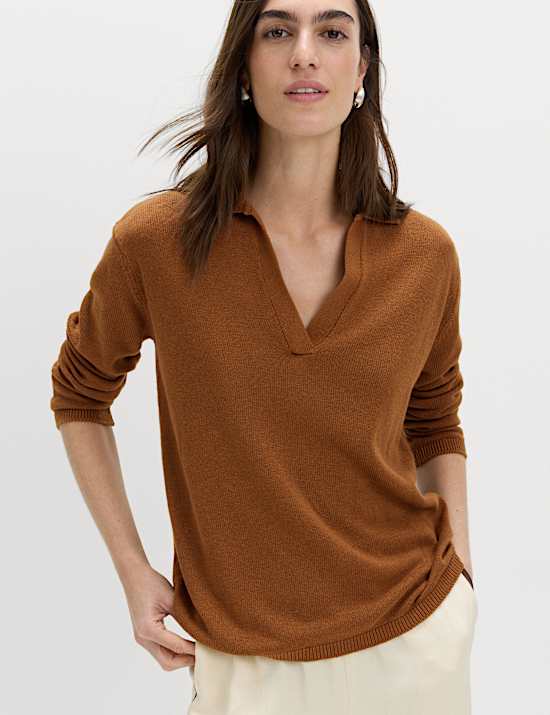 Collared Knitted Top with Linen