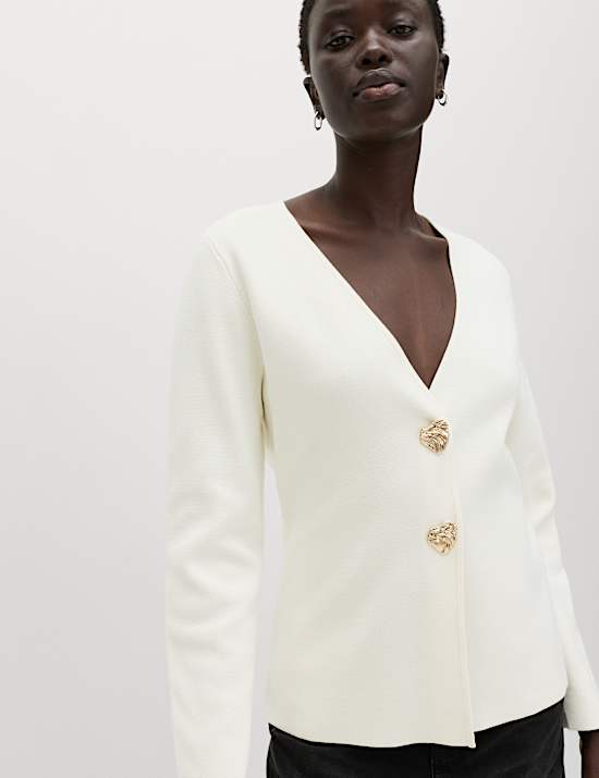 V-Neck Slim Fit Button Front Knitted Jacket