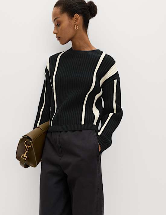 Cotton Rich Striped Ribbed Relaxed Jumper
