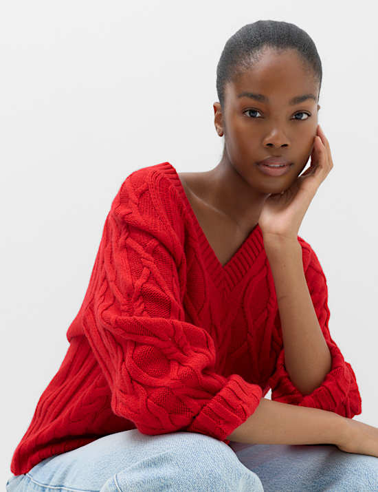 V Neck Cable Knit Relaxed Jumper