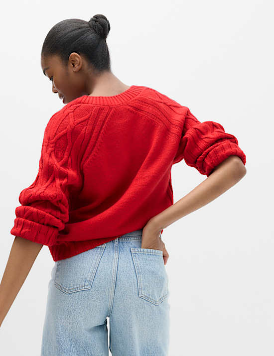 V Neck Cable Knit Relaxed Jumper