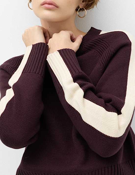 Pull en coton &agrave; col rond et rayures