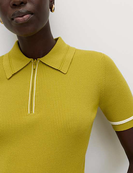 Collared Half Zip Fitted Knitted Top