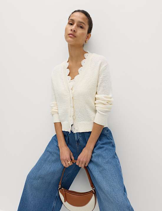 Cotton Blend Lace Trim V-Neck Cardigan