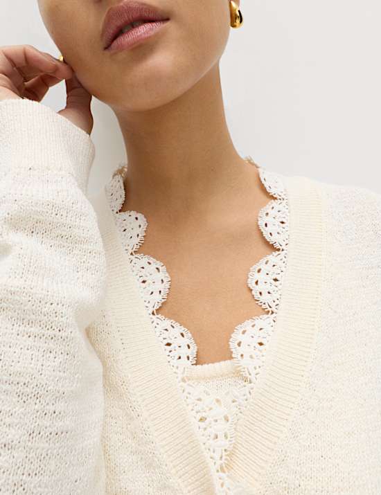 Cotton Blend Lace Trim V-Neck Cardigan