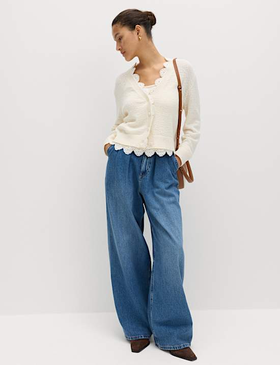 Cotton Blend Lace Trim V-Neck Cardigan