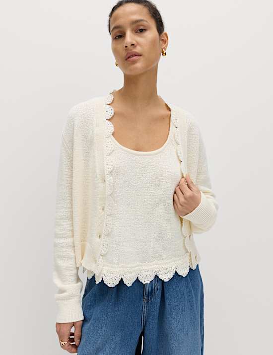 Cotton Blend Lace Trim V-Neck Cardigan
