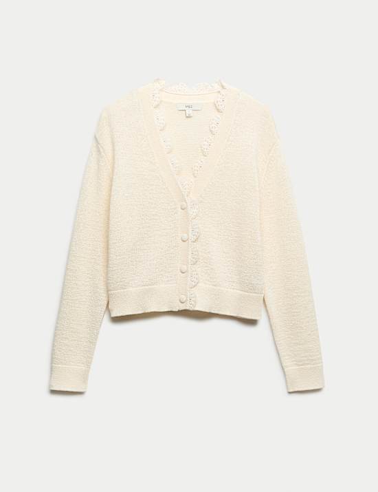 Cotton Blend Lace Trim V-Neck Cardigan
