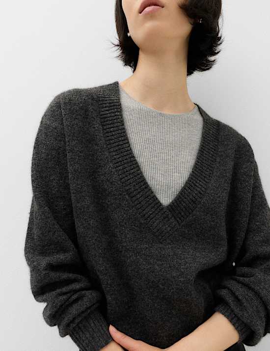 Ribbed V-Neck Double Layer Jumper with Wool
