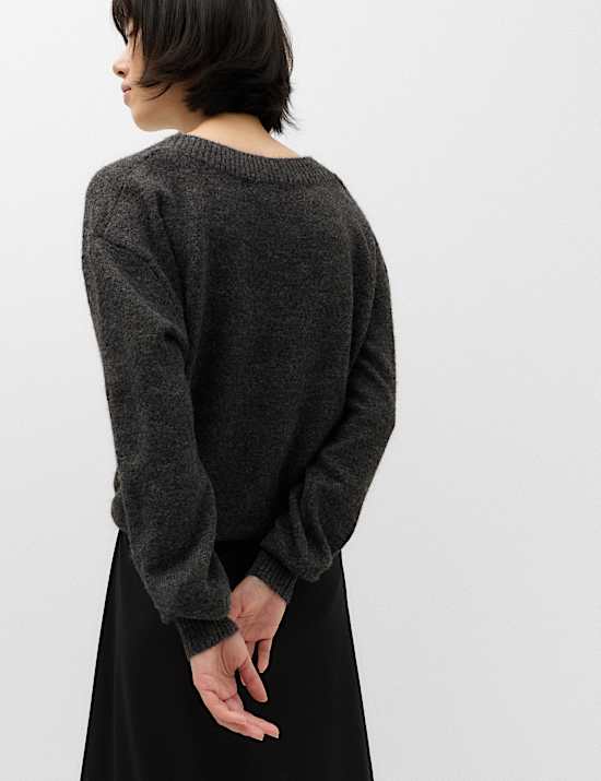 Ribbed V-Neck Double Layer Jumper with Wool