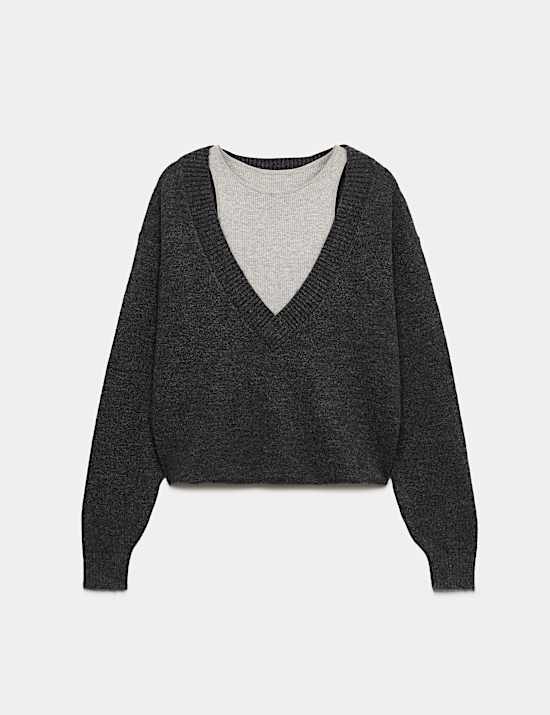 Ribbed V-Neck Double Layer Jumper with Wool