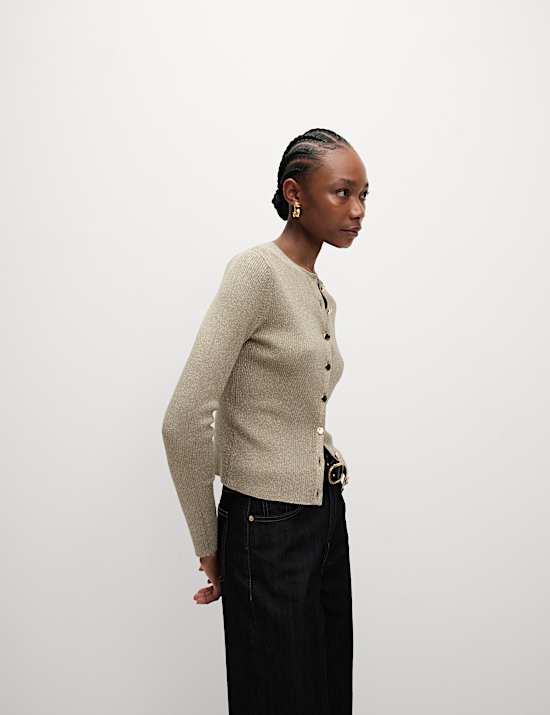 Metalický kardigan úzkého střihu s výstřihem ke krku