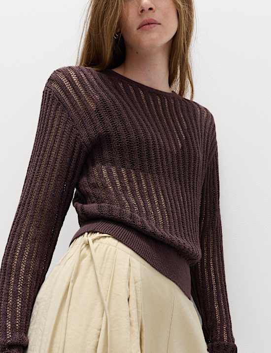 Pull en coton textur&eacute; &agrave; encolure ronde