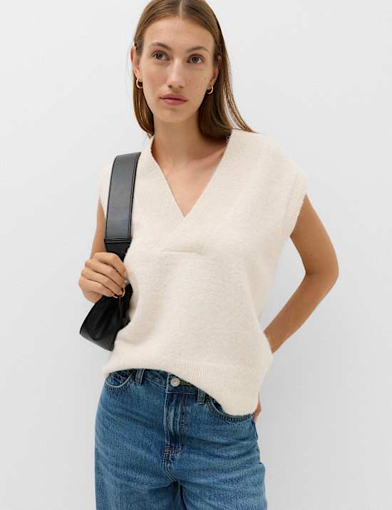 V Neck Cropped Knitted Vest With Wool