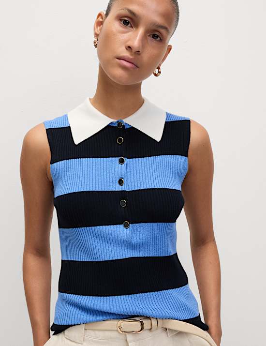 Striped Collared Knitted Vest