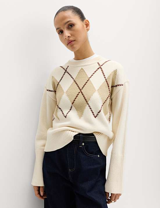 Cotton Rich Argyle Crew Neck Jumper