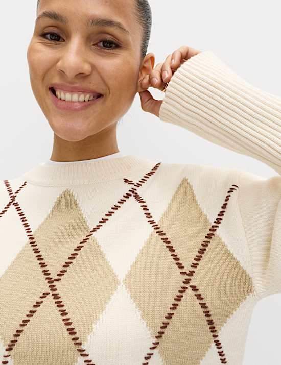 Cotton Rich Argyle Crew Neck Jumper