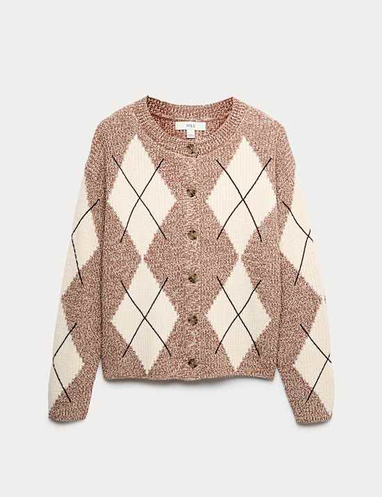 Cotton Rich Argyle Crew Neck Cardigan