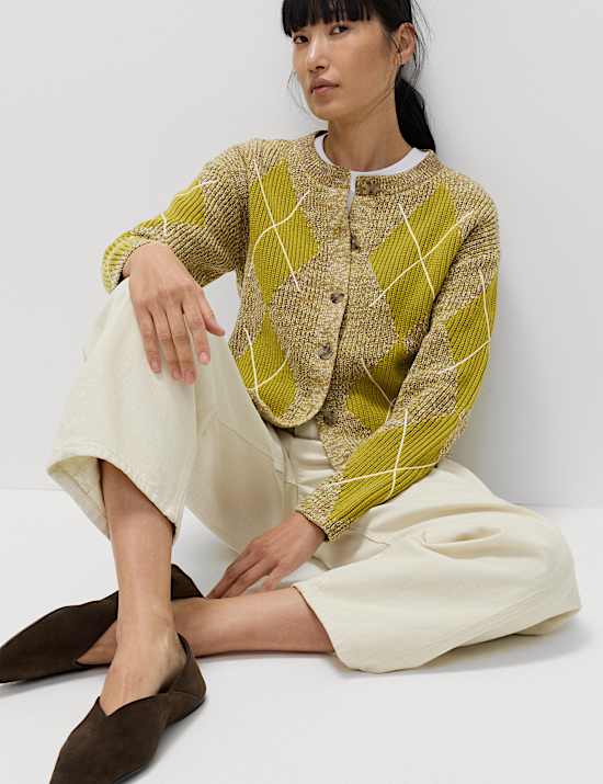 Strickjacke mit rundem Ausschnitt, Schottenmuster und hohem Baumwollanteil