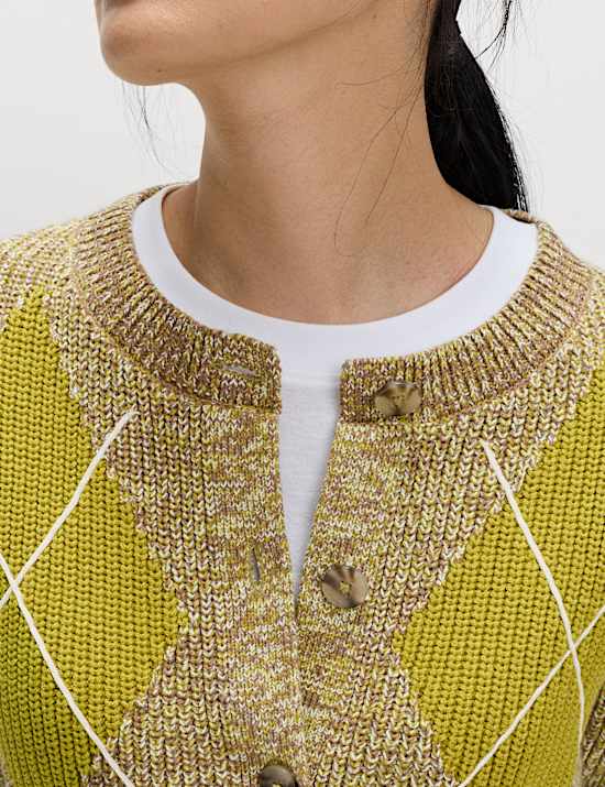 Strickjacke mit rundem Ausschnitt, Schottenmuster und hohem Baumwollanteil