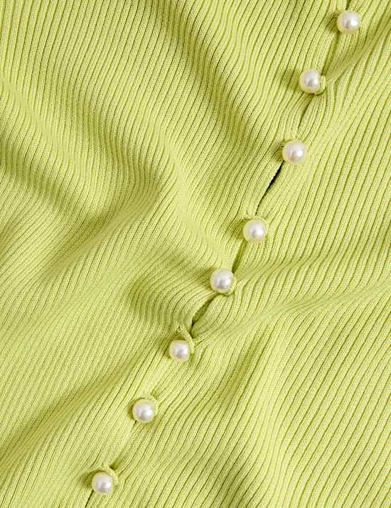 Textured Crew Neck Pearl Look Button Cropped Knitted Top