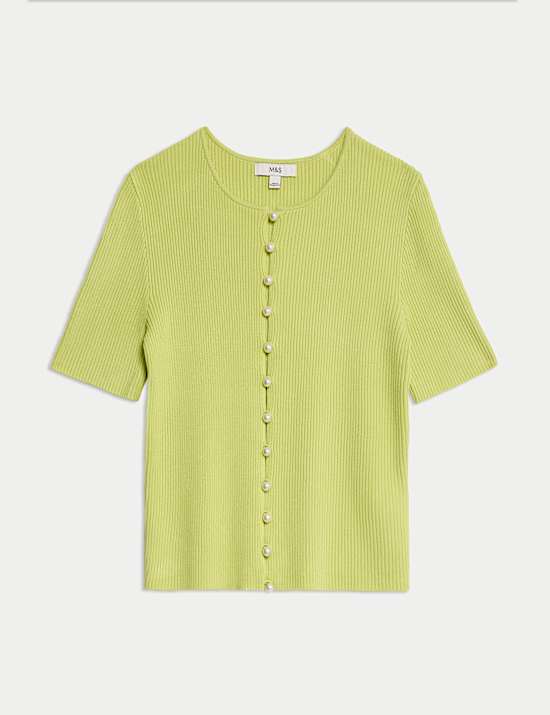 Textured Crew Neck Pearl Look Button Cropped Knitted Top