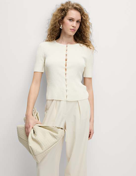 Textured Crew Neck Pearl Look Button Cropped Knitted Top