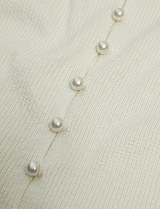 Textured Crew Neck Pearl Look Button Cropped Knitted Top