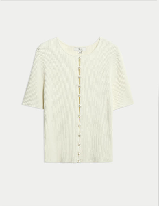 Textured Crew Neck Pearl Look Button Cropped Knitted Top