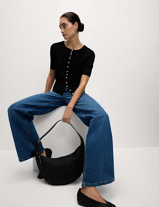 Textured Crew Neck Pearl Look Button Cropped Knitted Top