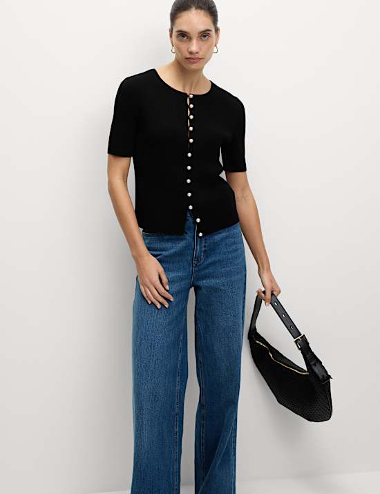 Textured Crew Neck Pearl Look Button Cropped Knitted Top