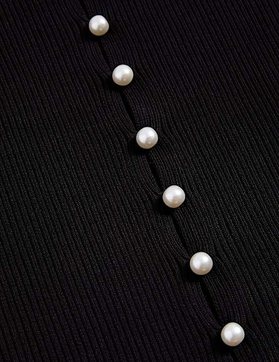 Textured Crew Neck Pearl Look Button Cropped Knitted Top