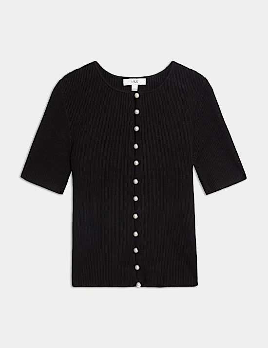 Textured Crew Neck Pearl Look Button Cropped Knitted Top