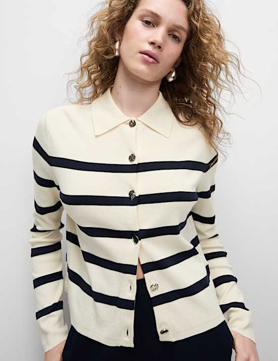 Striped Knitted Collared Button Front Cardigan