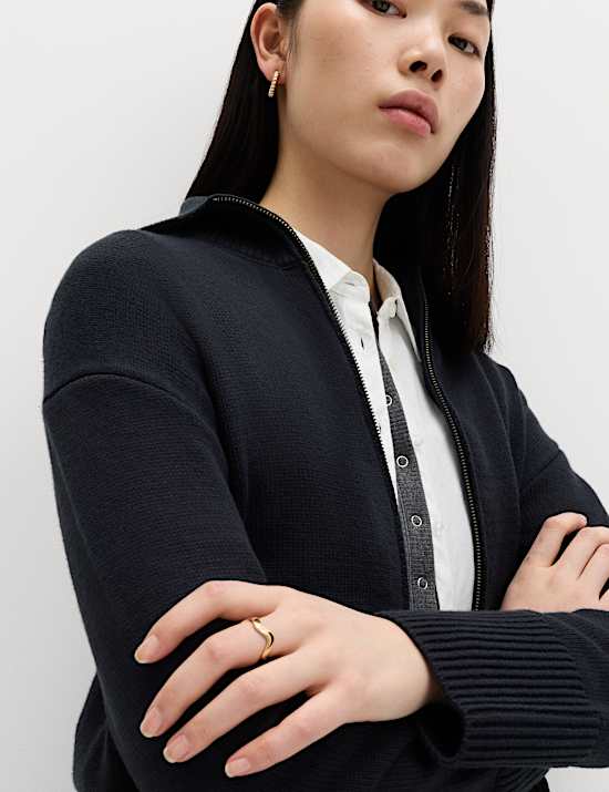 Cotton Rich Pocket Detail Collared Knitted Jacket