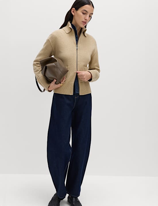 Cotton Rich Pocket Detail Collared Knitted Jacket