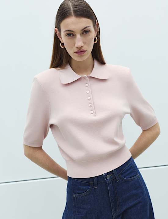 Collared Slim Fit Cropped Knitted Top