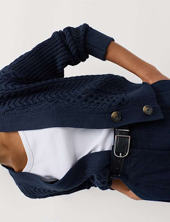 Cotton Rich Cable Knit V-Neck Cropped Cardigan