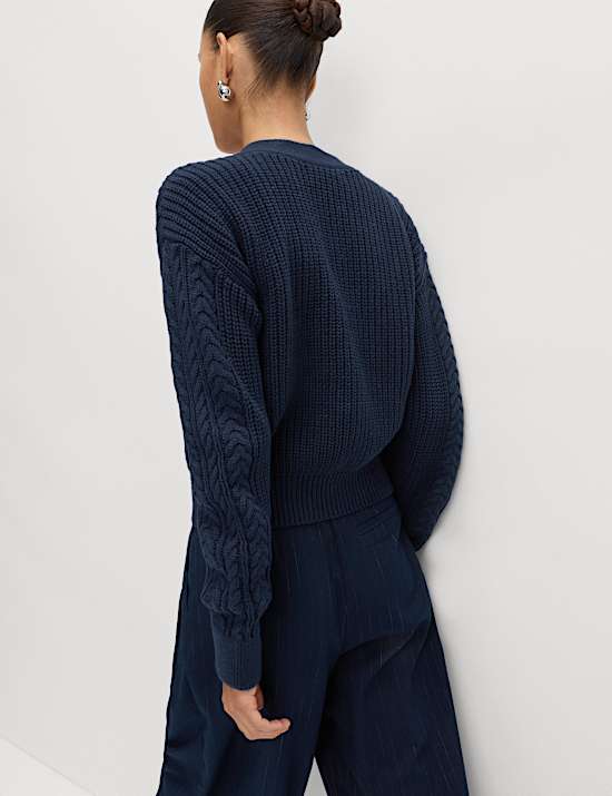 Cotton Rich Cable Knit V-Neck Cropped Cardigan
