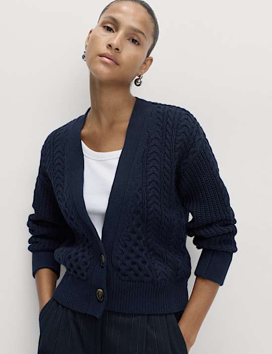 Cotton Rich Cable Knit V-Neck Cropped Cardigan