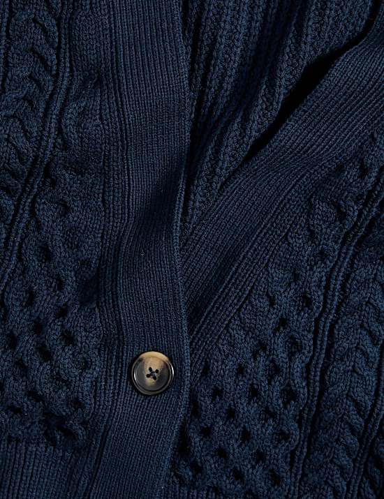 Cotton Rich Cable Knit V-Neck Cropped Cardigan