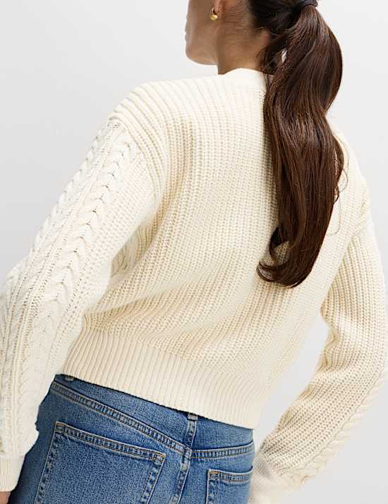 Cotton Rich Cable Knit V-Neck Cropped Cardigan