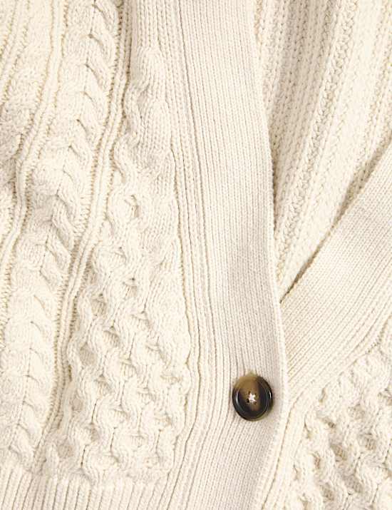 Cotton Rich Cable Knit V-Neck Cropped Cardigan