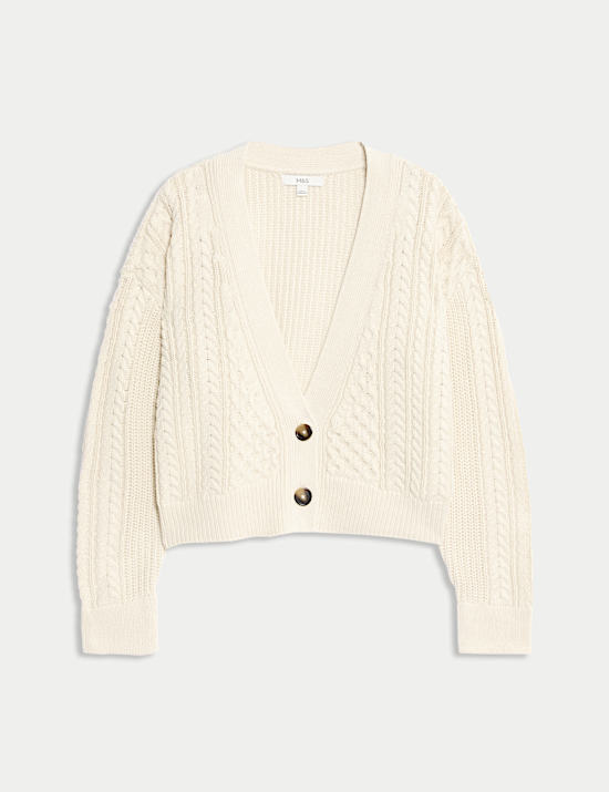 Cotton Rich Cable Knit V-Neck Cropped Cardigan
