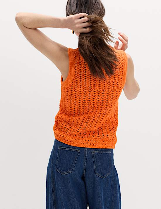 Cotton Rich Crochet-Style Scoop Neck Knitted Vest