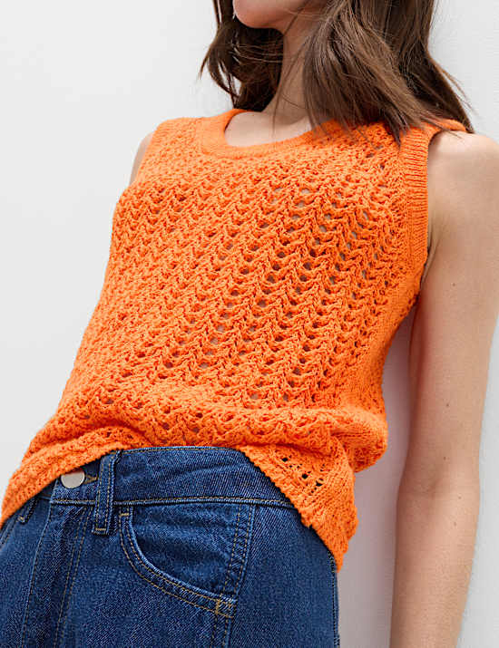 Cotton Rich Crochet-Style Scoop Neck Knitted Vest