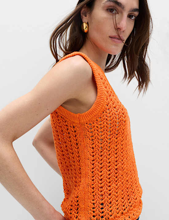 Cotton Rich Crochet-Style Scoop Neck Knitted Vest