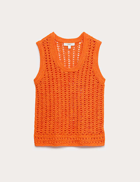Cotton Rich Crochet-Style Scoop Neck Knitted Vest