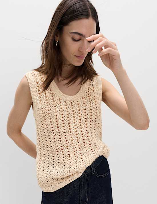 Cotton Rich Crochet-Style Scoop Neck Knitted Vest